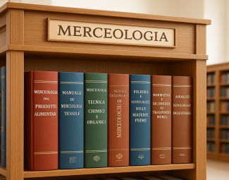 Immagine di scaffale di legno con libri di merceologia