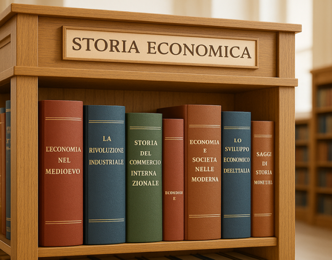 Scaffale di legno con libri di storia economica